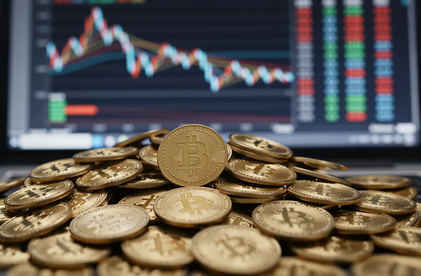 A massive pile of bitcoins in front and in the blurry background, crypto trading charts on the screen