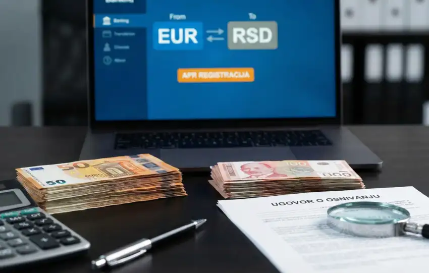 "Ilustracija uplate osnivačkog uloga za strana lica u Srbiji: prikaz konverzije evra u dinare uz poslovnu dokumentaciju i bankarske procedure.