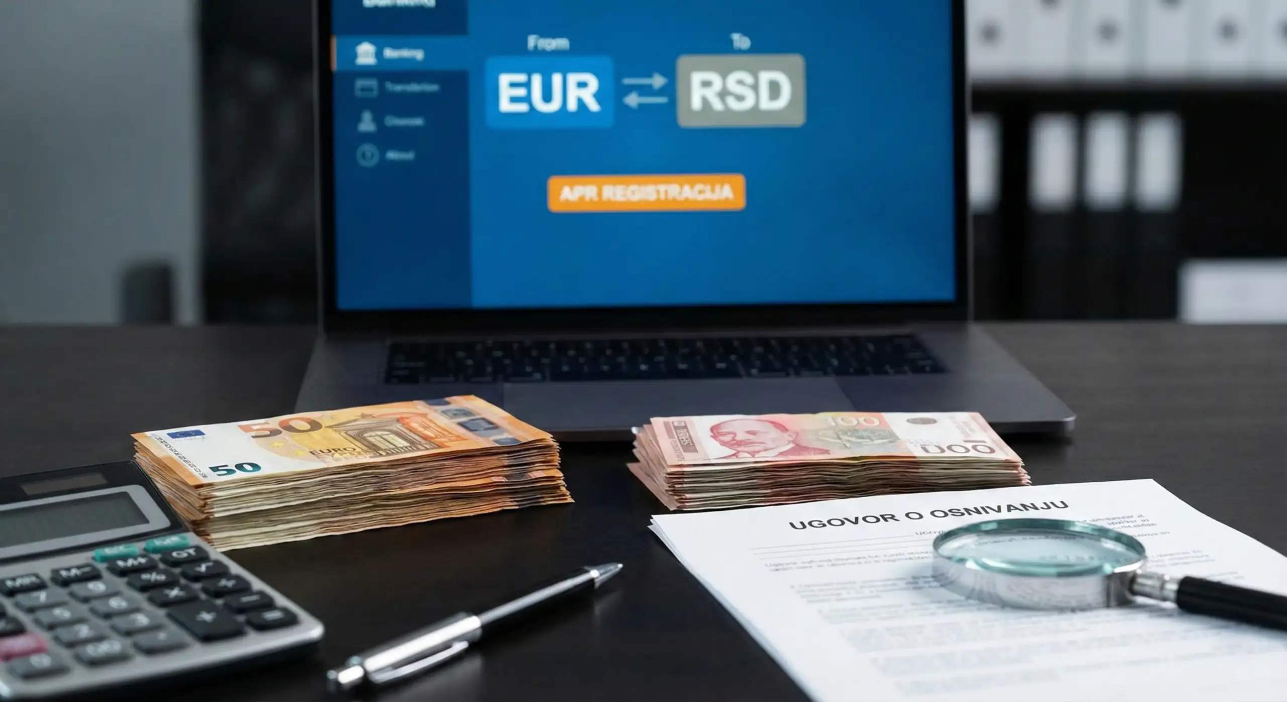"Ilustracija uplate osnivačkog uloga za strana lica u Srbiji: prikaz konverzije evra u dinare uz poslovnu dokumentaciju i bankarske procedure.