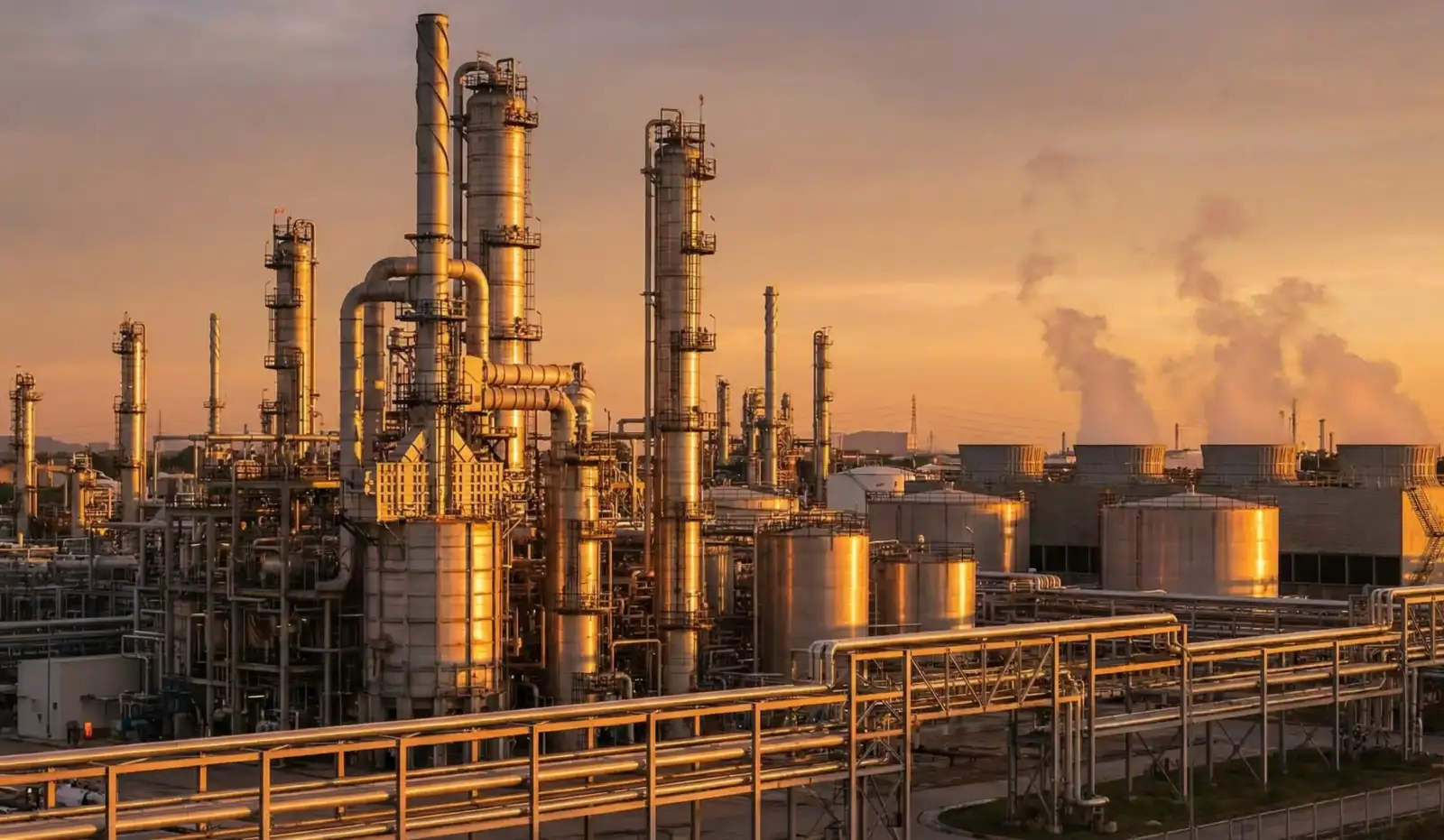 Velika naftna rafinerija i rezervoari za skladištenje goriva obasjani suncem, ilustracija za nabavku rezervi dizela i energetsku bezbednost.