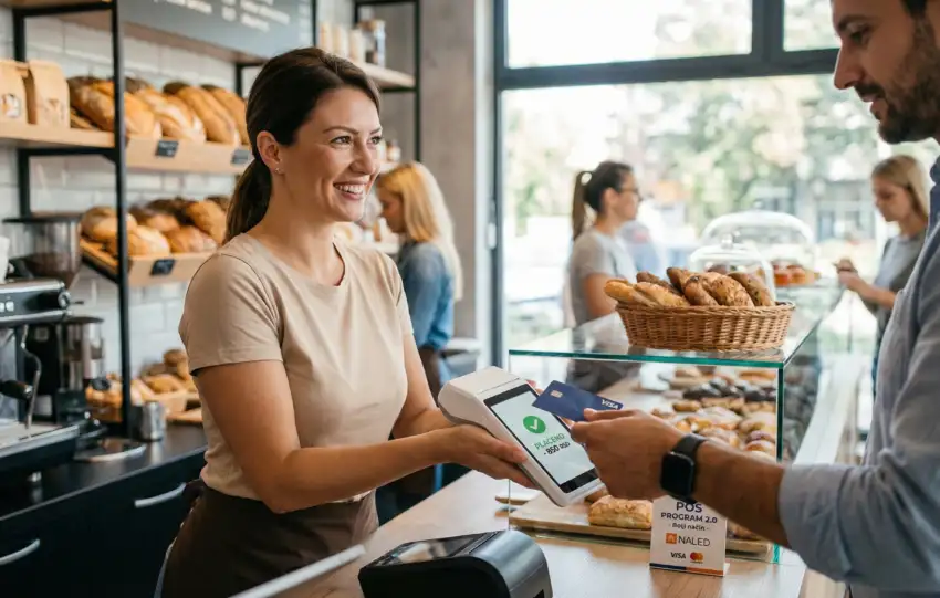 Nasmejana radnica u modernoj pekari prihvata beskontaktno plaćanje Visa karticom od kupca putem POS terminala. Na pultu je istaknuta oznaka "POS PROGRAM 2.0 - Bolji način", koji podržavaju NALED, Visa i Mastercard, ilustrujući digitalizaciju malih biznisa u Srbiji.