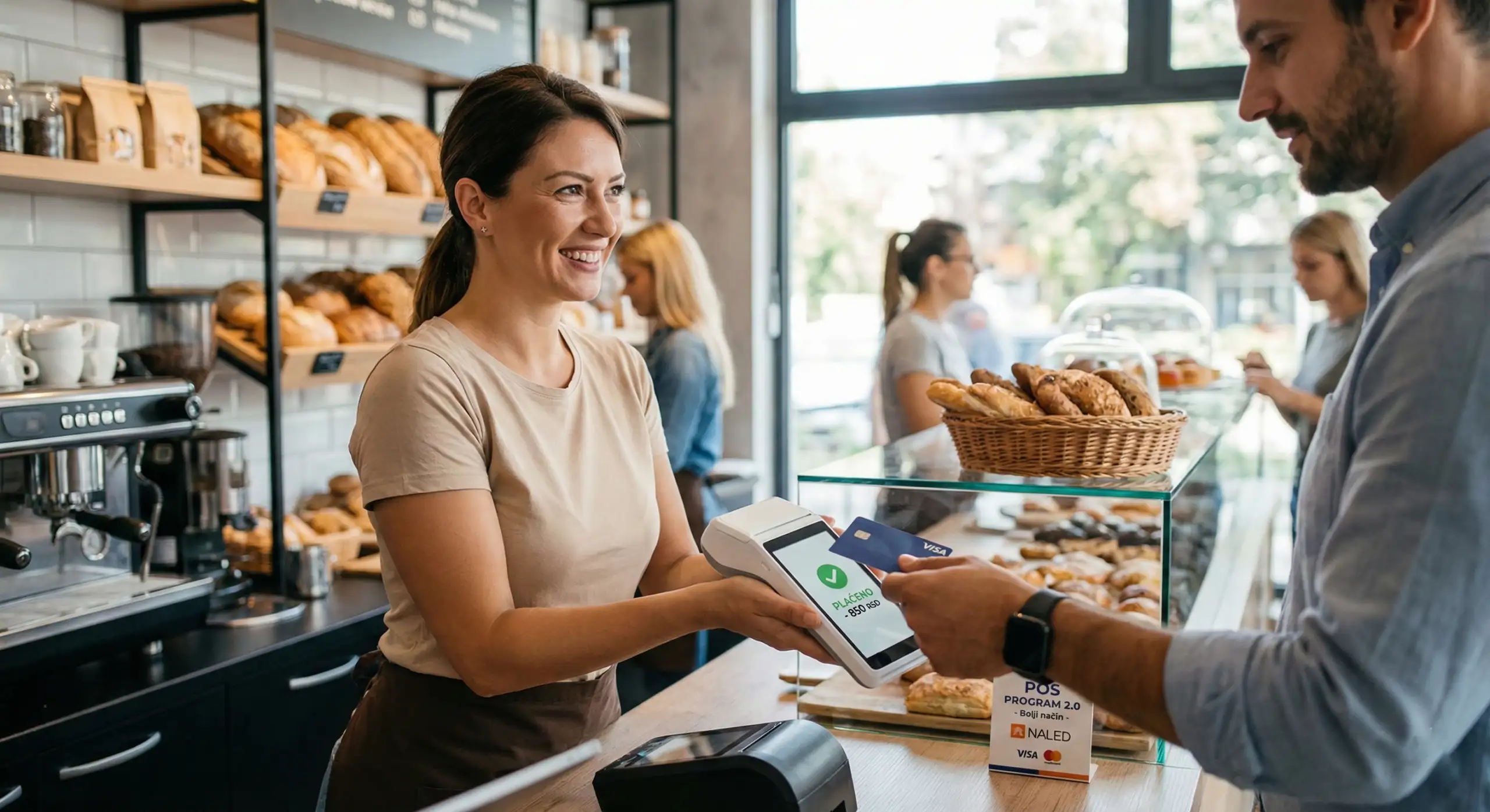 Nasmejana radnica u modernoj pekari prihvata beskontaktno plaćanje Visa karticom od kupca putem POS terminala. Na pultu je istaknuta oznaka "POS PROGRAM 2.0 - Bolji način", koji podržavaju NALED, Visa i Mastercard, ilustrujući digitalizaciju malih biznisa u Srbiji.